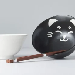 Japansk Keramik Sæt 2 Skåle Med Spisepinde 15cm Neko