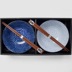 Japansk Keramik Sæt 2 Skåle Med Spisepinde 15cm Uzumaki
