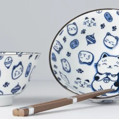 Japansk Keramik Sæt 2 Skåle Med Spisepinde Maneki Neko