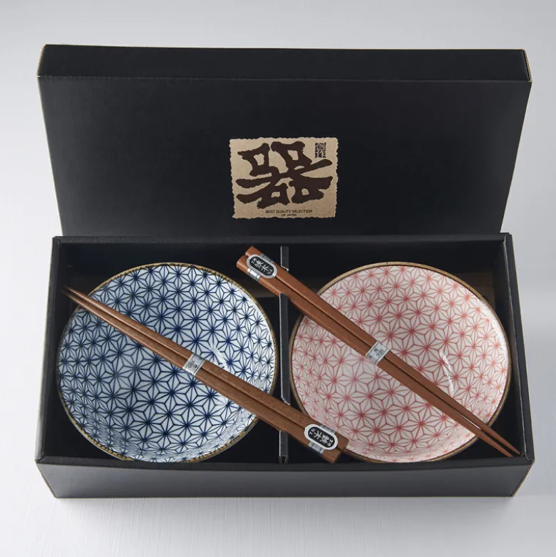 Japansk Keramik Sæt 2 Skåle Med Spisepinde 15cm Asanoha
