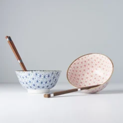 Japansk Keramik Sæt 2 Skåle Med Spisepinde 15cm Asanoha